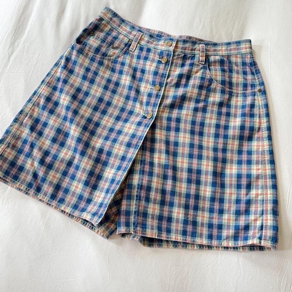 Liz Claiborne Lizwear Vintage 90s Blue Madras Plaid Bermuda Skort Womens 14